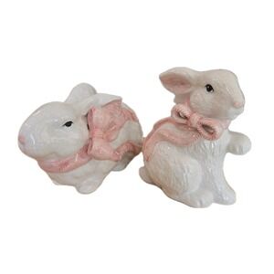 VTG Lot 2 white crackle glaze ceramic bunny pink bow Kitsch Easter Spring Size L